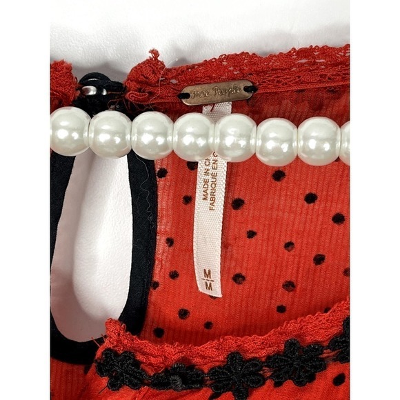Free People Red Sheer Blouse with Black Polka Dots SZ M - Picture 9 of 11
